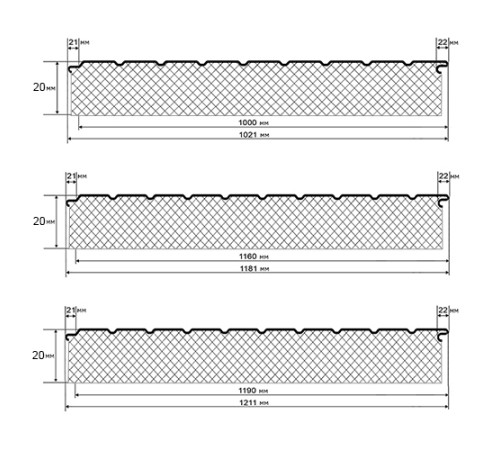 Сэндвич-панели двухслойные с минеральной ватой, ширина 1000 мм, толщина 20 мм, 0.5, RAL7024