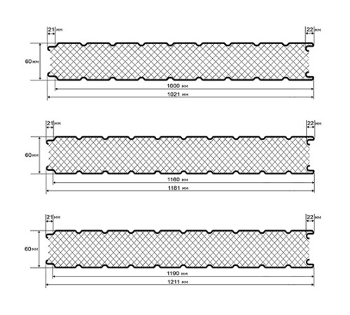 Сэндвич панели стеновые с пенополиизоциануратом, ширина 1200 мм, толщина 60 мм, 0.5/0.5, RAL6002